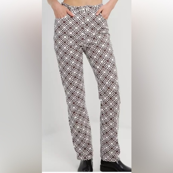 PEPPERMAYO BROWN HI RISE GEOMETRIC RETRO STRAIGHT LEG MODERN JEAN TROUSERS SZ 6 - Picture 2 of 10